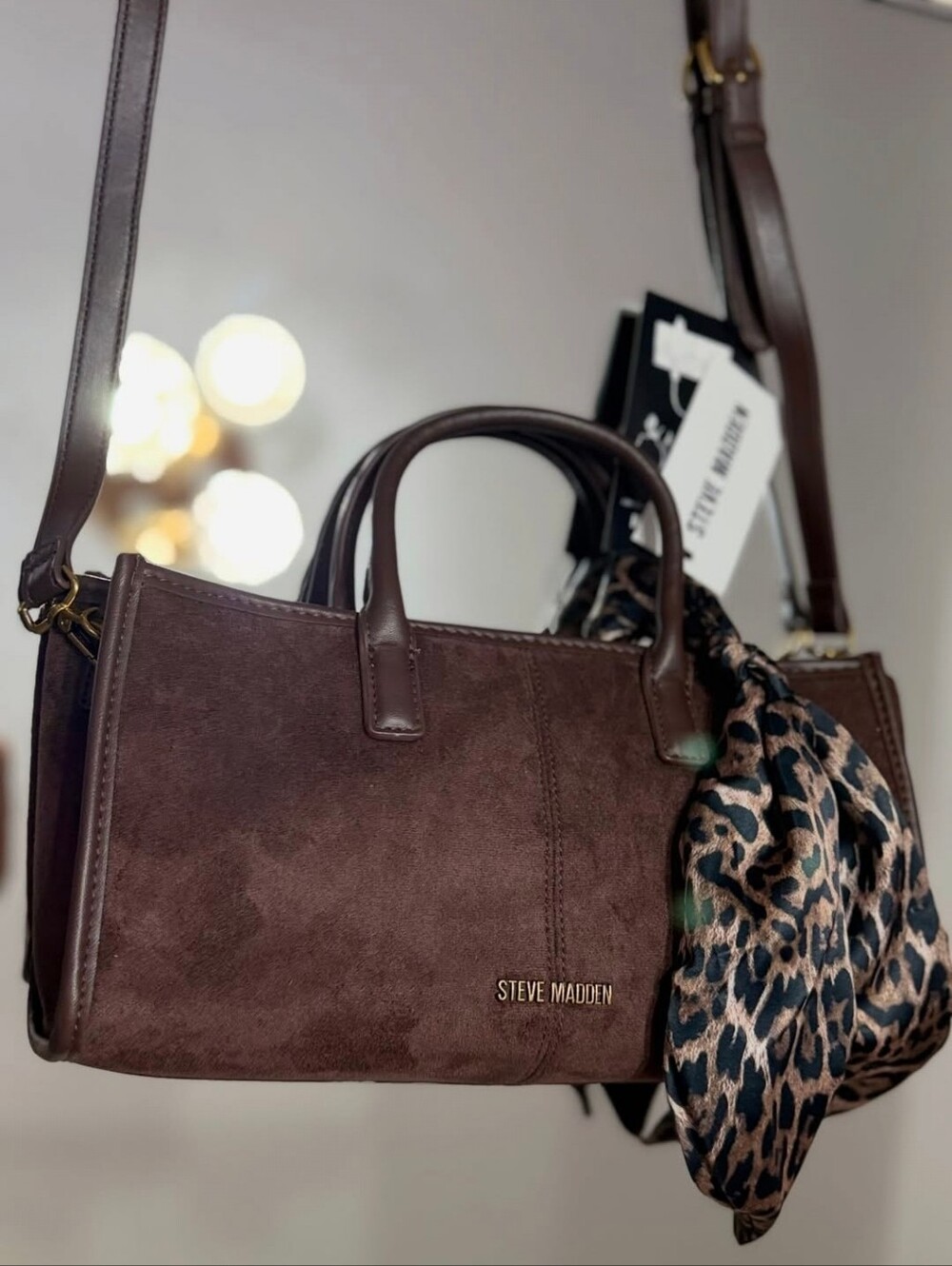 Steve Madden Brown Suede Satchel with Leopard Scarf Accent